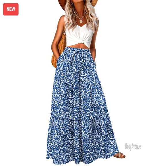Dresses & Skirts - High Waisted Maxi Skirt with Pockets, Flowy Boho Floral Tiered Design for Summer